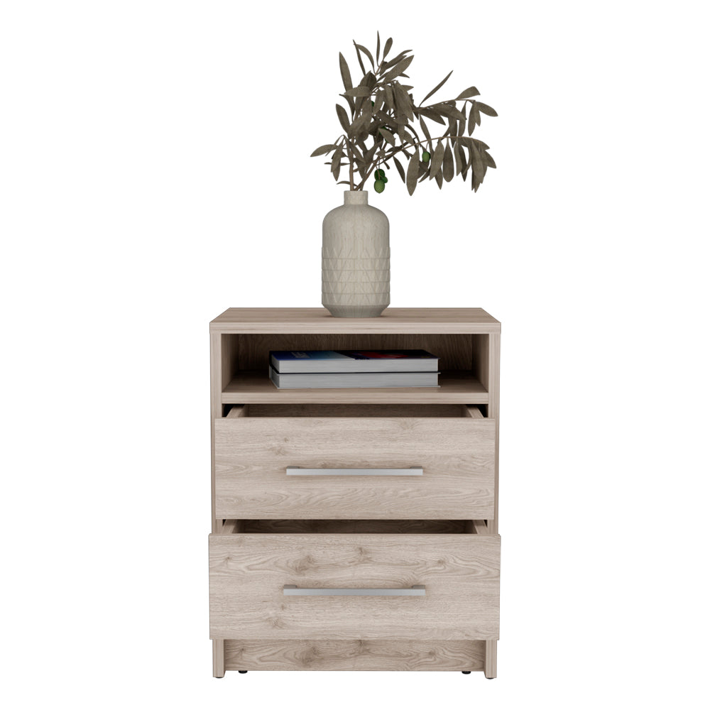 English Elm Nightstand With Two Drawers And Open Shelf - Stylish Light Gray Storage Solution For Modern Bedrooms B092122923