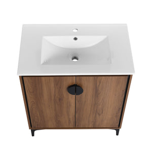 English Elm 30 LEVISTAR Bathroom Vanity with Drop-In Ceramic Sink, 2-Door Engineered Wood Cabinet, Brown, 30" W1972S00002