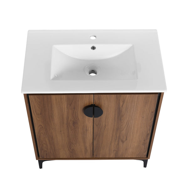 English Elm 30 LEVISTAR Bathroom Vanity with Drop-In Ceramic Sink, 2-Door Engineered Wood Cabinet, Brown, 30" W1972S00002