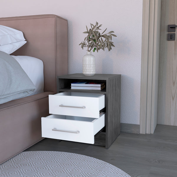 English Elm Nightstand With Two Drawers In Smokey Oak And White Finish - Modern Storage Solution For Your Bedroom B092122882