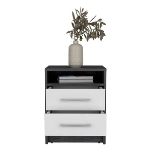 English Elm Nightstand With Two Drawers In Smokey Oak And White Finish - Modern Storage Solution For Your Bedroom B092122882