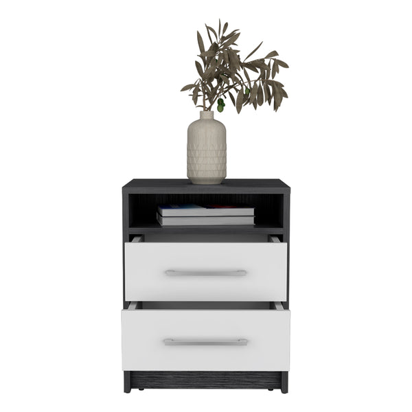 English Elm Nightstand With Two Drawers In Smokey Oak And White Finish - Modern Storage Solution For Your Bedroom B092122882