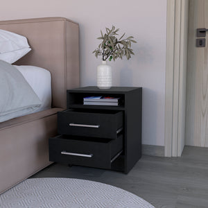 English Elm Nightstand With Two Drawers, Modern Black Wenge Finish, Sleek Design & Open Shelf For Essentials B092122922