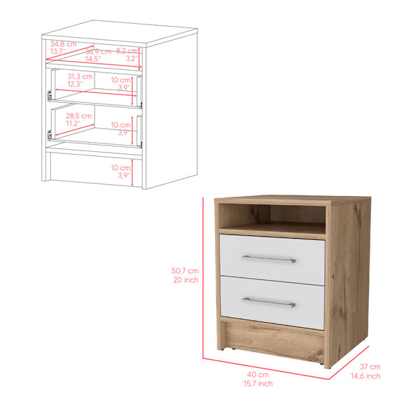 English Elm Nightstand With Two Drawers, Scandinavian Design In White & Light Oak For Modern Spaces & Storage B092123028