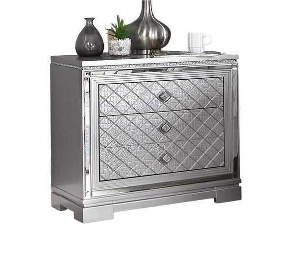 English Elm Silver Glam Nightstand with Hidden Jewelry Drawer USB Charging Port Chrome Square Knob Modern Bedroom Accent B011P165671