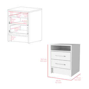 English Elm Nightstand With Two Drawers And Open Shelf, Modern White Finish For Stylish Bedroom Storage Solutions B092123038