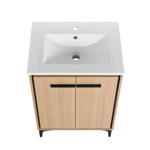 English Elm 24 Inch Oak Bathroom Vanity Base with Basin — Engineered Wood, Double-Door Storage, Minimalist Chic W1972S00003