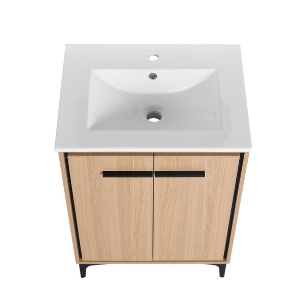 English Elm 24 Inch Oak Bathroom Vanity Base with Basin — Engineered Wood, Double-Door Storage, Minimalist Chic W1972S00003
