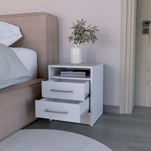 English Elm Nightstand With Two Drawers And Open Shelf, Modern White Finish For Stylish Bedroom Storage Solutions B092123038