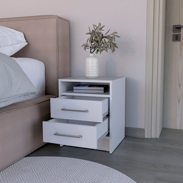 English Elm Nightstand With Two Drawers And Open Shelf, Modern White Finish For Stylish Bedroom Storage Solutions B092123038