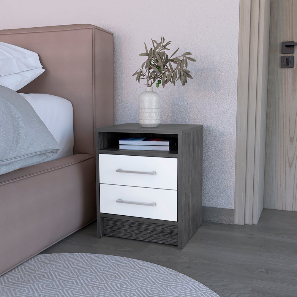 English Elm Nightstand With Two Drawers In Smokey Oak And White Finish - Modern Storage Solution For Your Bedroom B092122882