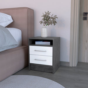 English Elm Nightstand With Two Drawers In Smokey Oak And White Finish - Modern Storage Solution For Your Bedroom B092122882