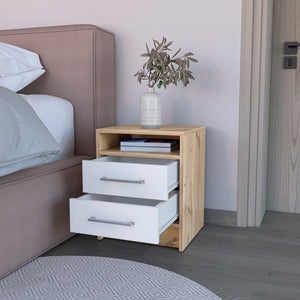 English Elm Nightstand With Two Drawers, Scandinavian Design In White & Light Oak For Modern Spaces & Storage B092123028