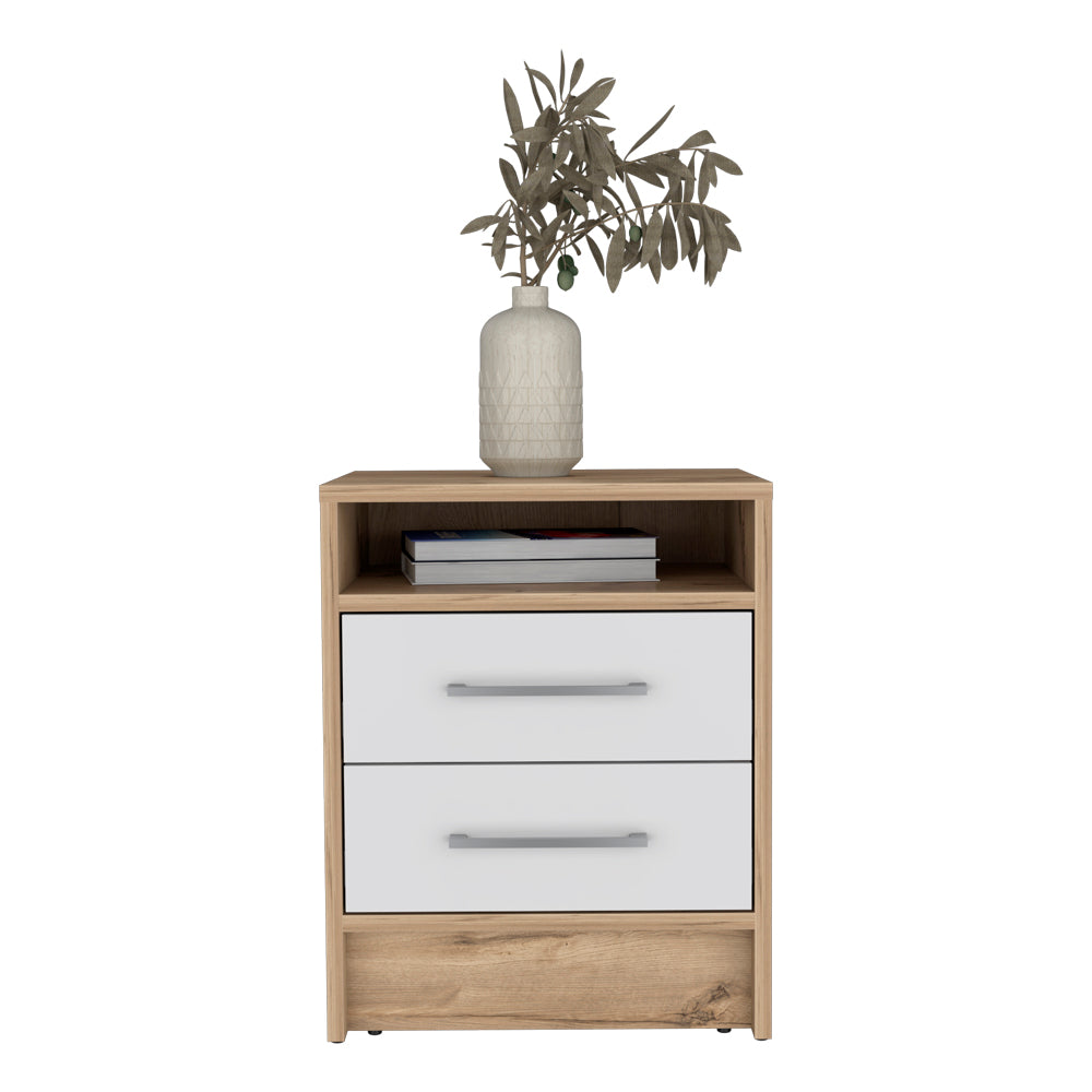 English Elm Nightstand With Two Drawers, Scandinavian Design In White & Light Oak For Modern Spaces & Storage B092123028