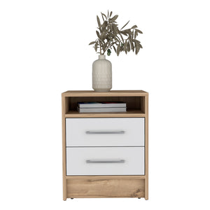 English Elm Nightstand With Two Drawers, Scandinavian Design In White & Light Oak For Modern Spaces & Storage B092123028