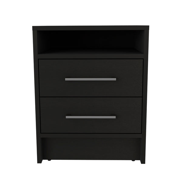 English Elm Nightstand With Two Drawers, Modern Black Wenge Finish, Sleek Design & Open Shelf For Essentials B092122922