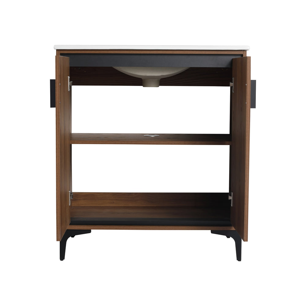 English Elm 30 LEVISTAR Bathroom Vanity with Drop-In Ceramic Sink, 2-Door Engineered Wood Cabinet, Brown, 30" W1972S00002