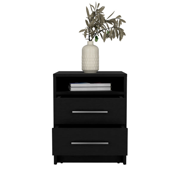 English Elm Nightstand With Two Drawers, Modern Black Wenge Finish, Sleek Design & Open Shelf For Essentials B092122922