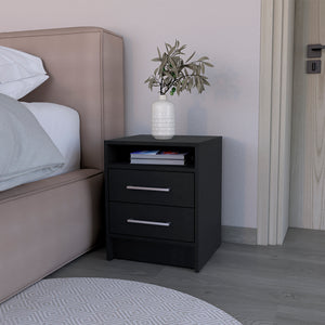 English Elm Nightstand With Two Drawers, Modern Black Wenge Finish, Sleek Design & Open Shelf For Essentials B092122922