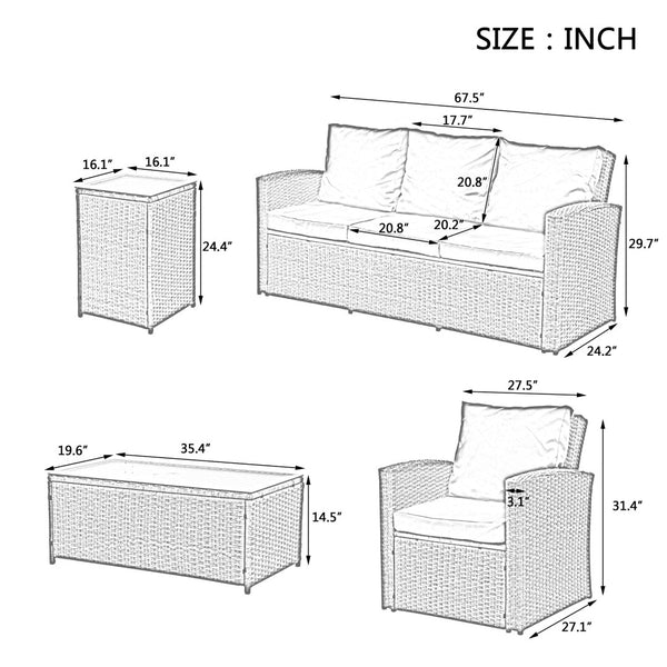 English Elm Patio 5-Piece Wicker Furniture Set With Tempered Glass Table - Stylish, Durable Outdoor Seating Solution W1703S00011-GIGA