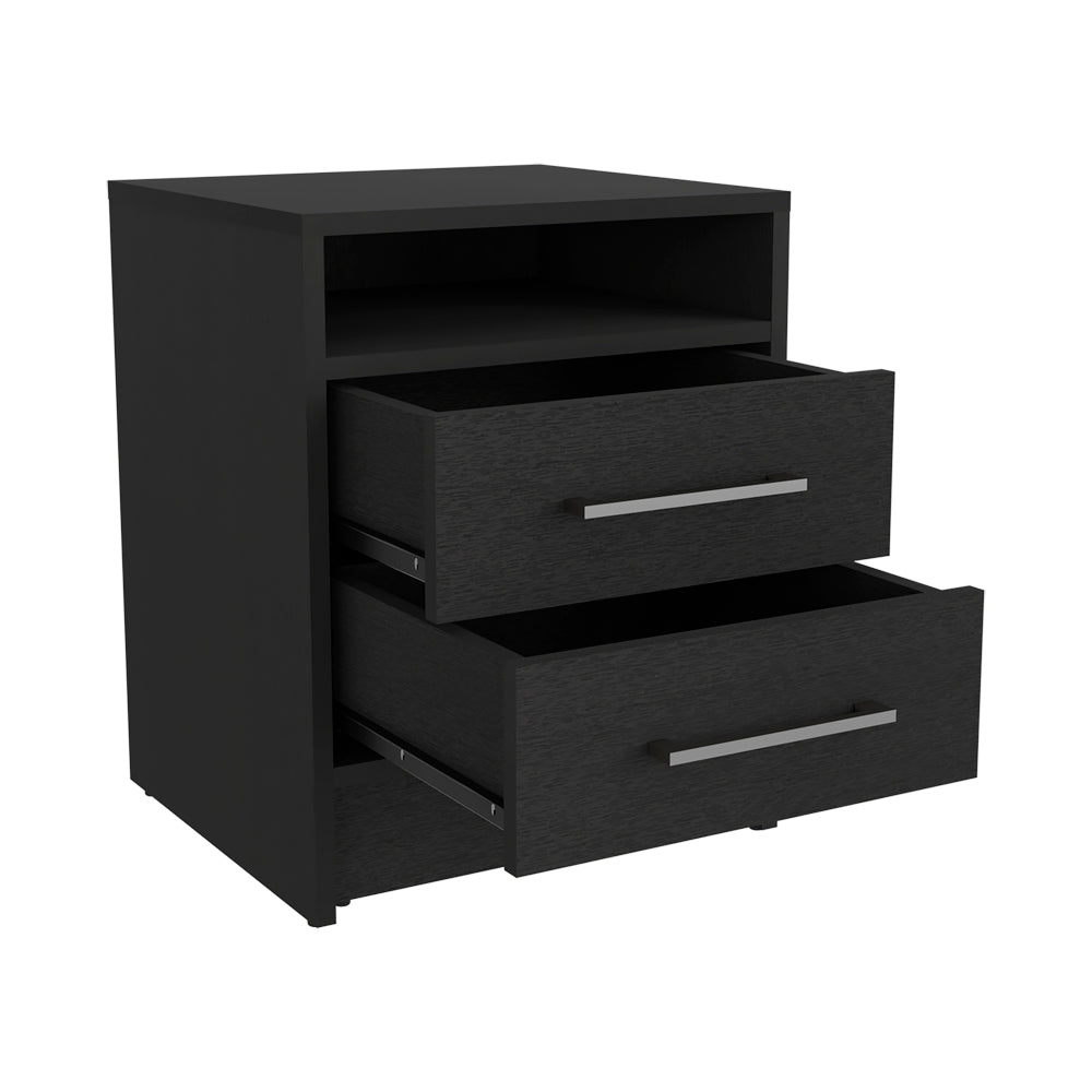 English Elm Nightstand With Two Drawers, Modern Black Wenge Finish, Sleek Design & Open Shelf For Essentials B092122922