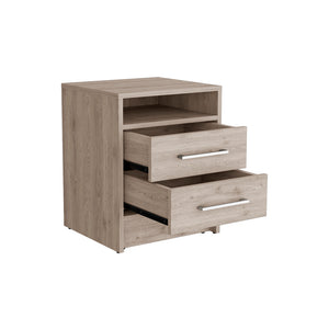 English Elm Nightstand With Two Drawers And Open Shelf - Stylish Light Gray Storage Solution For Modern Bedrooms B092122923