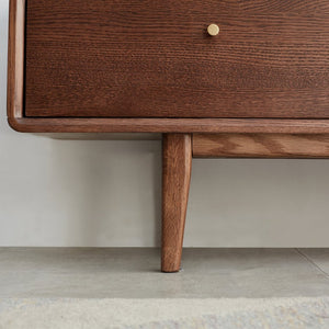 English Elm Walnut Finish Solid Red Oak Media Console with Glass Doors and Two Drawer Storage W1283130091