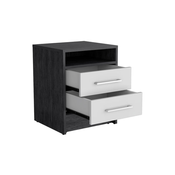English Elm Nightstand With Two Drawers In Smokey Oak And White Finish - Modern Storage Solution For Your Bedroom B092122882