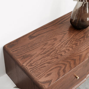 English Elm Walnut Finish Solid Red Oak Media Console with Glass Doors and Two Drawer Storage W1283130091