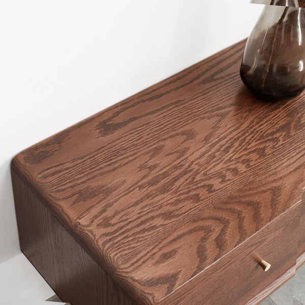 English Elm Walnut Finish Solid Red Oak Media Console with Glass Doors and Two Drawer Storage W1283130091