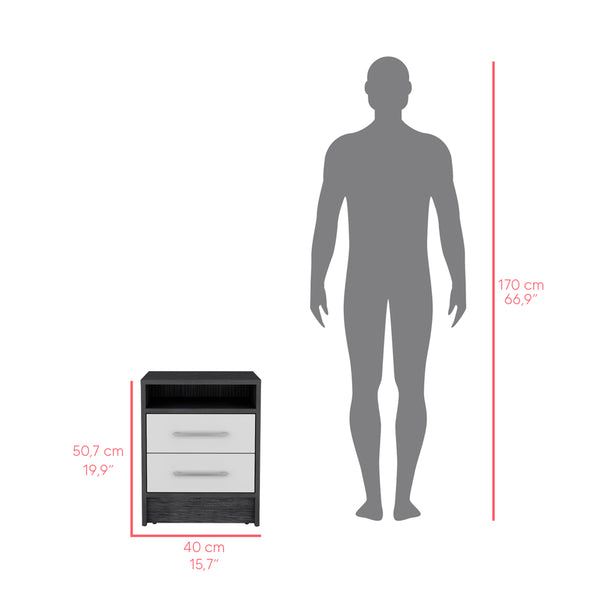 English Elm Nightstand With Two Drawers In Smokey Oak And White Finish - Modern Storage Solution For Your Bedroom B092122882