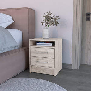 English Elm Nightstand With Two Drawers And Open Shelf - Stylish Light Gray Storage Solution For Modern Bedrooms B092122923