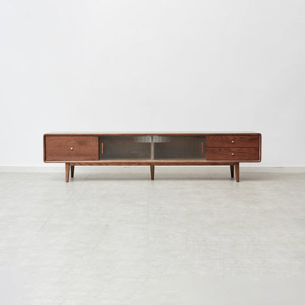 English Elm Walnut Finish Solid Red Oak Media Console with Glass Doors and Two Drawer Storage W1283130091
