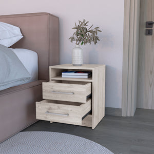 English Elm Nightstand With Two Drawers And Open Shelf - Stylish Light Gray Storage Solution For Modern Bedrooms B092122923