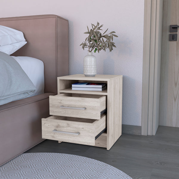English Elm Nightstand With Two Drawers And Open Shelf - Stylish Light Gray Storage Solution For Modern Bedrooms B092122923