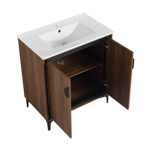 English Elm 30 LEVISTAR Bathroom Vanity with Drop-In Ceramic Sink, 2-Door Engineered Wood Cabinet, Brown, 30" W1972S00002