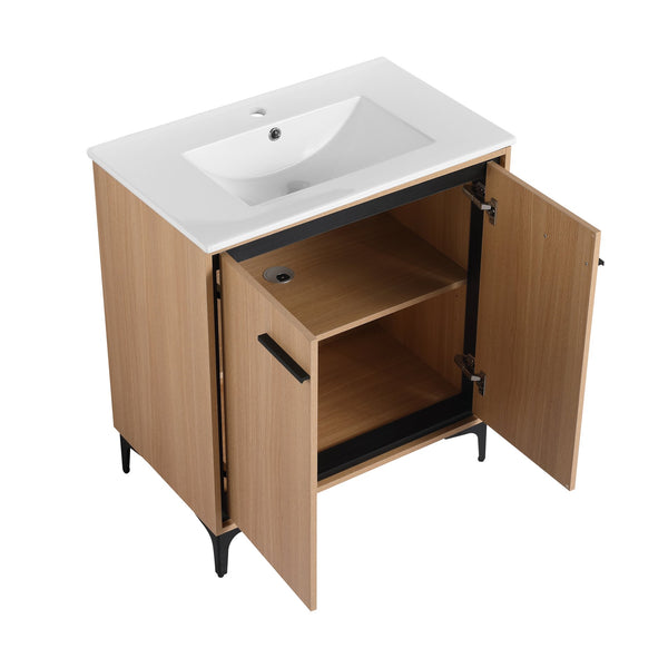 English Elm 30 Inch Oak Bathroom Vanity Base with Basin, Engineered Wood Double-Door Cabinet, Modern Storage W1972S00004