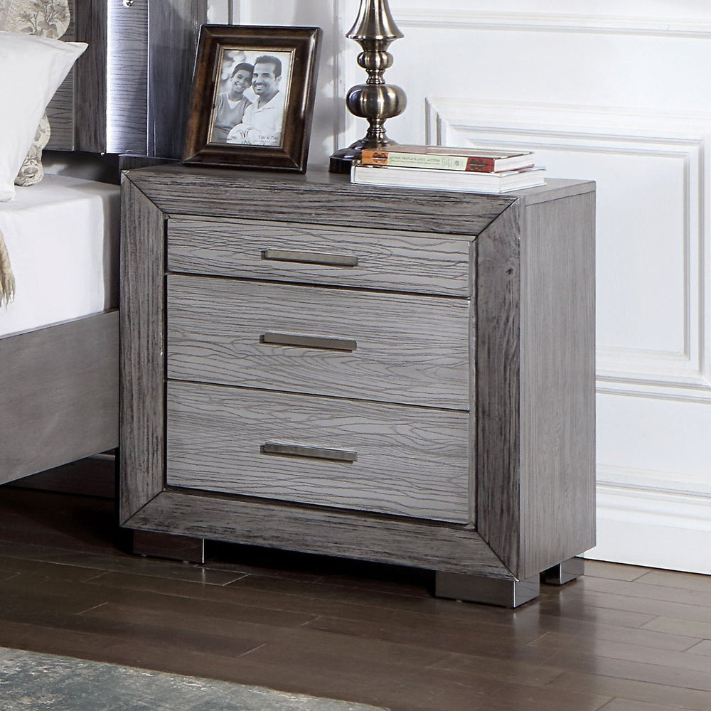 English Elm Gray Nightstand with USB-C & 2 USB-A Ports, 3-Drawer Solid Wood Bedside Table, Felt-Lined Top, Metal Legs, Bar Handles, Transitional Design B011P165672