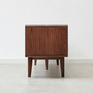 English Elm Walnut Finish Solid Red Oak Media Console with Glass Doors and Two Drawer Storage W1283130091