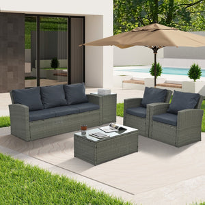 English Elm Patio 5-Piece Wicker Furniture Set With Tempered Glass Table And Cozy Cushions For Outdoor Comfort W1703S00010-GIGA