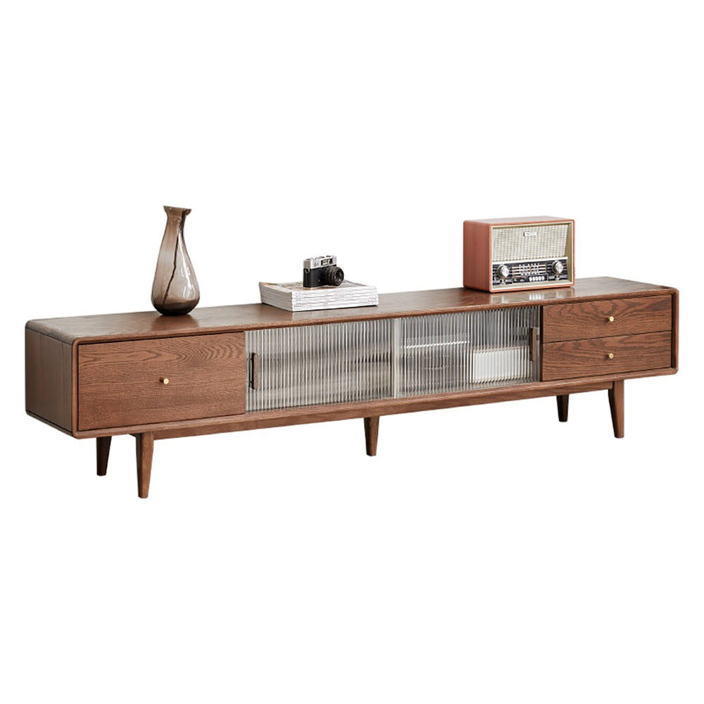 English Elm Walnut Finish Solid Red Oak Media Console with Glass Doors and Two Drawer Storage W1283130091