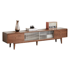 English Elm Walnut Finish Solid Red Oak Media Console with Glass Doors and Two Drawer Storage W1283130091