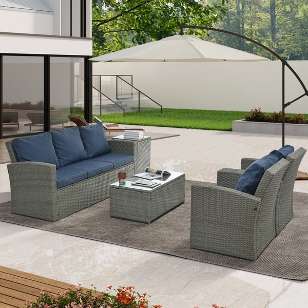 English Elm Patio 5-Piece Wicker Furniture Set With Tempered Glass Table - Stylish, Durable Outdoor Seating Solution W1703S00011-GIGA