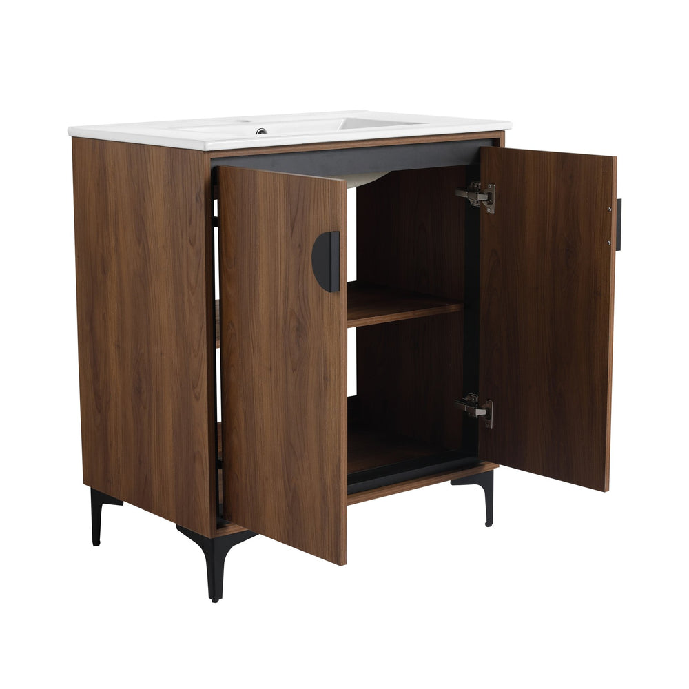 English Elm 30 LEVISTAR Bathroom Vanity with Drop-In Ceramic Sink, 2-Door Engineered Wood Cabinet, Brown, 30" W1972S00002