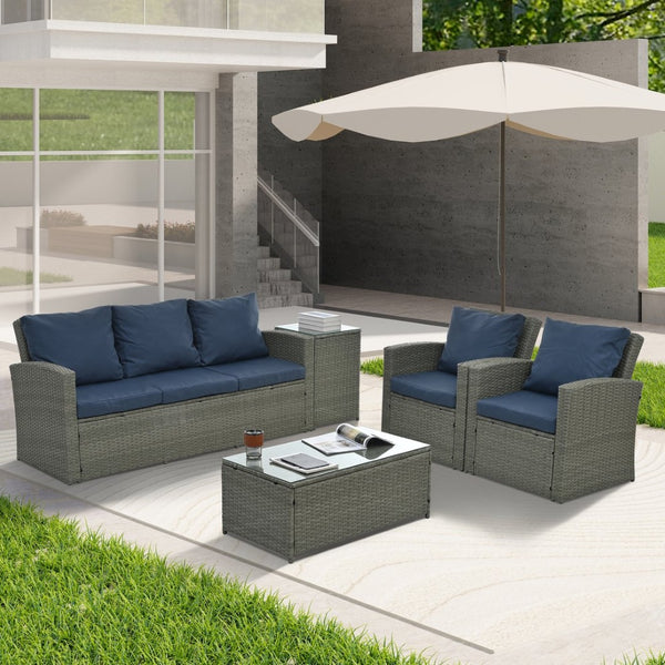 English Elm Patio 5-Piece Wicker Furniture Set With Tempered Glass Table - Stylish, Durable Outdoor Seating Solution W1703S00011-GIGA