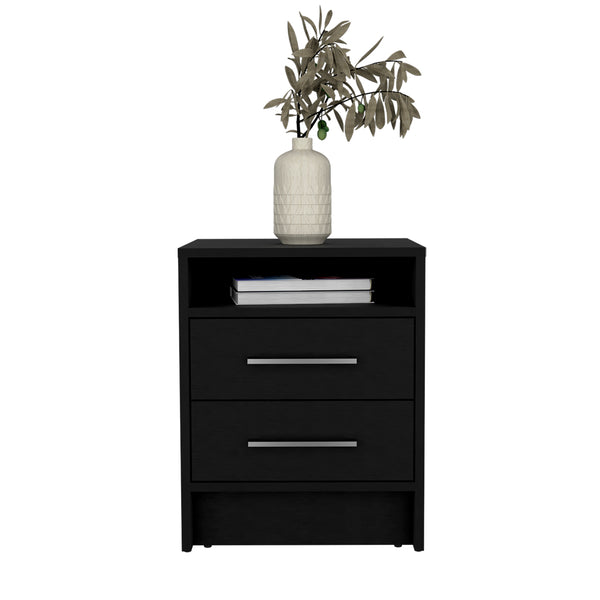 English Elm Nightstand With Two Drawers, Modern Black Wenge Finish, Sleek Design & Open Shelf For Essentials B092122922