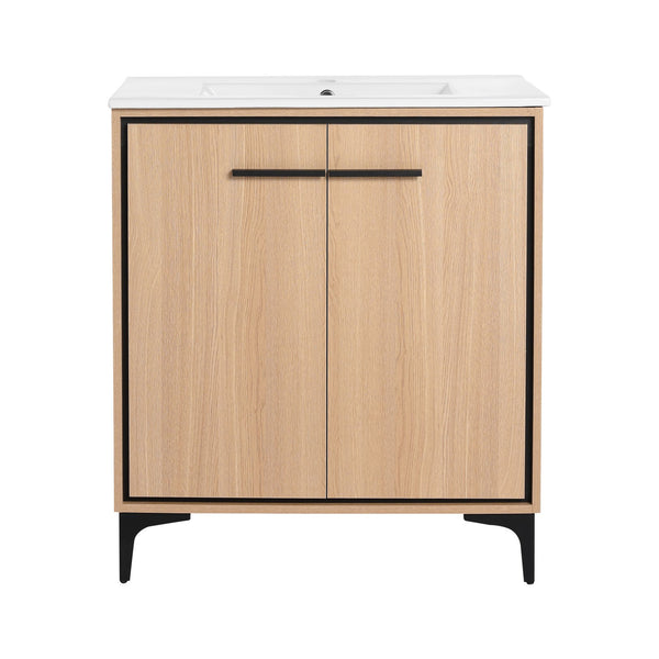 English Elm 30 Inch Oak Bathroom Vanity Base with Basin, Engineered Wood Double-Door Cabinet, Modern Storage W1972S00004