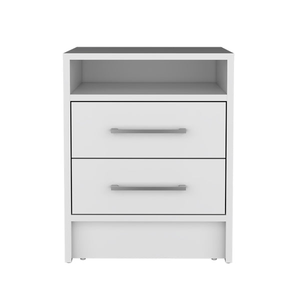 English Elm Nightstand With Two Drawers And Open Shelf, Modern White Finish For Stylish Bedroom Storage Solutions B092123038