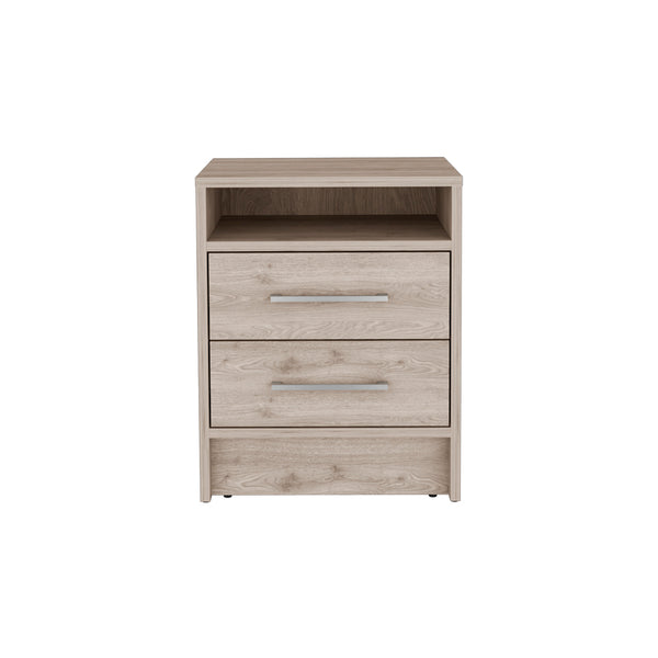 English Elm Nightstand With Two Drawers And Open Shelf - Stylish Light Gray Storage Solution For Modern Bedrooms B092122923