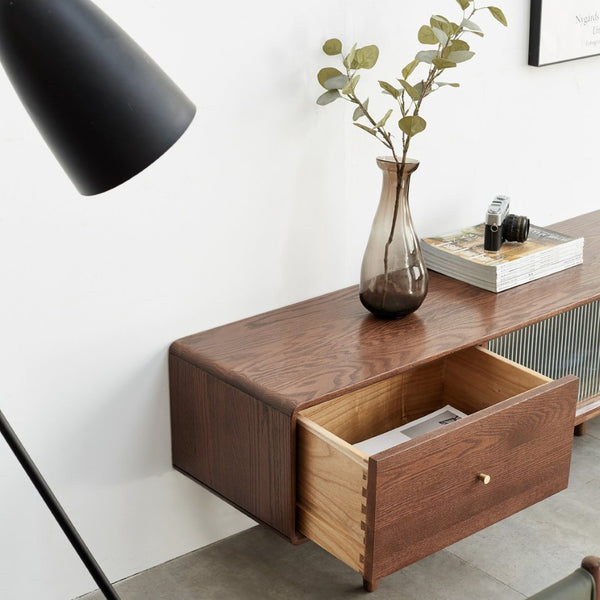English Elm Walnut Finish Solid Red Oak Media Console with Glass Doors and Two Drawer Storage W1283130091